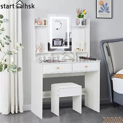 Vanity Table With Led Lighted Mirror 2 Drawers Makeup Desk Dressing Stool Set • $171.84