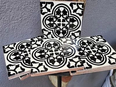 6 Imported Ceramic Tiles Floral Bell Pattern Cream & Black 4  1/4 X 4  1/4 • $24