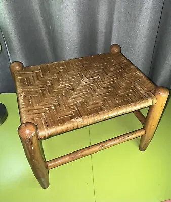 VTG Antique Woven Wood Footstool Seat Primitive Rattan Country Rustic 15x11” GUC • $40