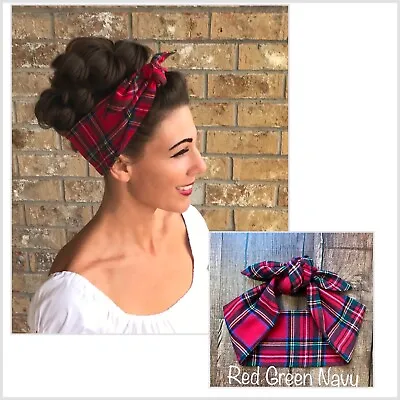 Handmade Red Plaid Flannel Retro Headband Hair Wrap Scarf 1940s 1950s Style • $18