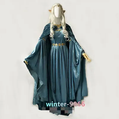 Lord Of The Rings Lotr Elven Queen Dress Skirt Cosplay Costume Blue Outfits Wig  • $174.29