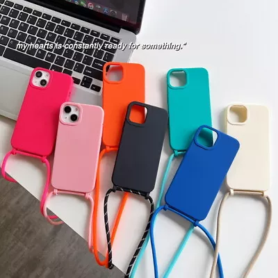 For IPhone 13 12 11 14 Pro Max XR XS X Crossbody Neck Strap Silicone Case Cover • £5.27