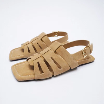 $34.99 • Buy ZARA Women's Size 37 Beige Brown Split Leather Suede Slingback Flat Sandals 6.5