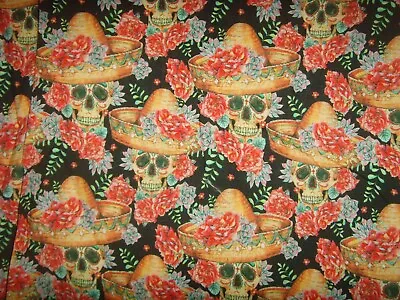 REMNANT MEXICAN DAY OF THE DEAD PRINT  COTTON FABRIC 65cms X 43cms BLACK MULTI • £3.99