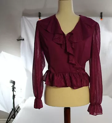 Vintage Fredericks Of Hollywood Plum Ruffle Lace Peasant Wrap Blouse Top Large • $28.50