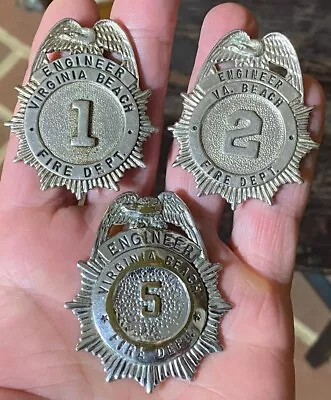 3 Vintage ENGINEER Badges VIRGINIA BEACH Virginia FIRE DEPT 1940-1960 Obsolete • $75