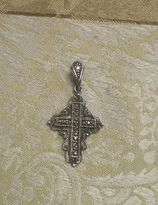 Sterling Silver Filigree Edge & Marcasite Ornate Cross Pendant Signed SU • $20
