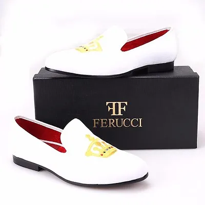 FERUCCI Men White Velvet Slippers Loafers With Gold Crown Prom Wedding Shoes • $104.99