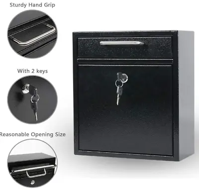 KYODOLED Locking Key Mailbox Black Drop Box Wall Mount Large Size 12  X 10  • $51.95
