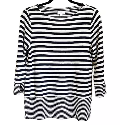 J. Jill Blue White Knit Top XS 3/4 Split Sleeve Boatneck Cotton Rayon Blend • £4.01