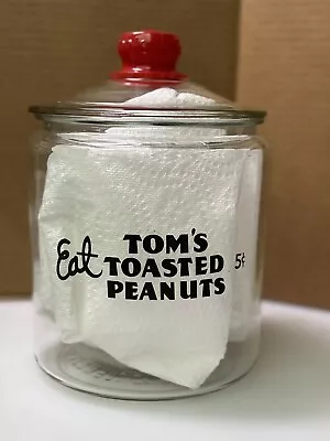 Vintage Eat Toms Roasted Peanuts Large Glass Canister Lidded Jar Red Top • $50