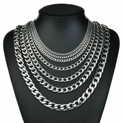£2.99 • Buy 3-9mm Stainless Steel 316L Mens Curb Chain Cuban Link Necklace Boys Chunky Gift