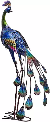 Bird Statue Decor 35 In Metal Peacock Garden Sculpture Standing Peacock Yard Art • $50.98