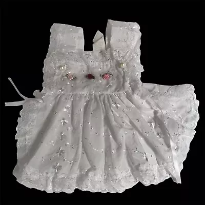 Vintage Baby Dress Pinafore Eyelet Lace White Apron Pearl Flower Cottage 6m USA • $39.52