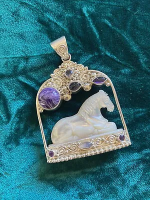 Vintage Sajen Sterling Silver Mother Pearl Carved Horse Pendant Amethyst ~ 1024 • $125