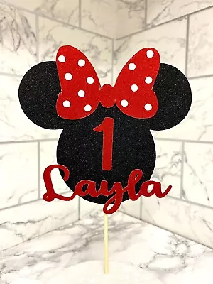 Personalised Birthday Glitter Cake Topper Custom Decoration Minnie Mouse Disney • £6