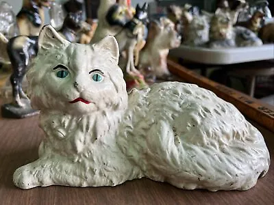 Vintage Cast Metal White Cat MARKED IRON ART Hollow 10” Long • $33.50