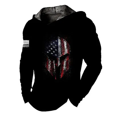 Men Hoodie Hooded T Shirt Warrior Mask Helmet American USA Flag Soft Lightweight • $21.86