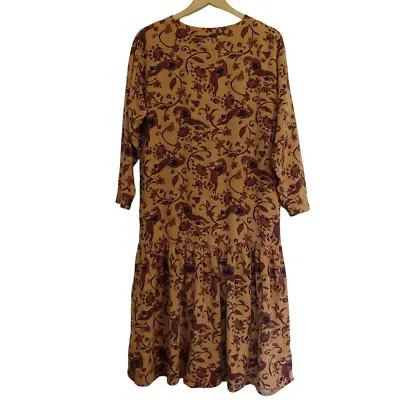 Mustard Yellow Medieval Bird Tapestry Print Dress Flounced Hem Size Small Boho • £11.58