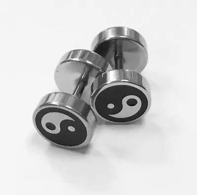 Pair Men's Women's Stainless Steel Silver Black Ying Yang Screw Plug Earrings  • £3.99