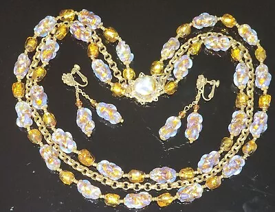 Vintage Signed M. Haskell Rare Gold & Foiled Art Glass Necklace & Earrings Set  • $227.50