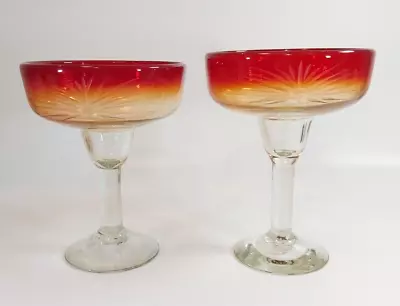 Margarita Glasses Red Amberina Style Handmade With Etched Sunrise Cocktail Bar • £35