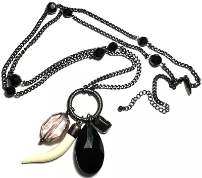 Vintage Jewelry Necklace SIGNED NEW YORK Chain Black Bead Tusk Horn Dangle 25 • $19.99