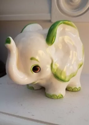 Vintage Elephant Piggy Bank White With Green 4  Tall 6  Wide  • $11.88