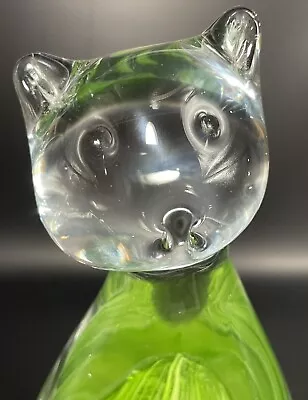 Murano Style Art Glass Paperweight Cat Figurine Green & Clear 7” • $16.99