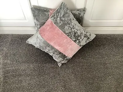 Pair  Grey Pink Crushed Velvet Cushion Covers 17” ( Covers Only ) • £8