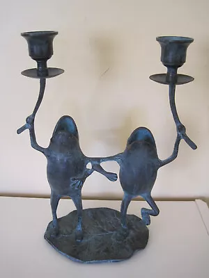 Verdigris Metal Candle Holder Happy Singing Dancing Frogs On Lily Pad 10  • $49.50