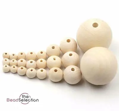 NATURAL ROUND WOODEN BEADS 8mm - 40mm UNTREATED PLAIN WOOD LARGE HOLE  • £3.29