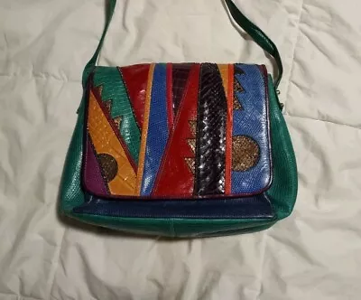 Vintage Sharif Leather Crossbody Purse W/ Aztec & Snakeskin Accents • $35.99