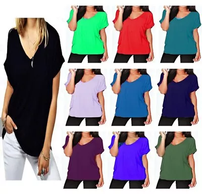 Women Baggy Oversized Loose Fit Turn Up Batwing Sleeve Ladies V Neck Top T Shirt • £8.99