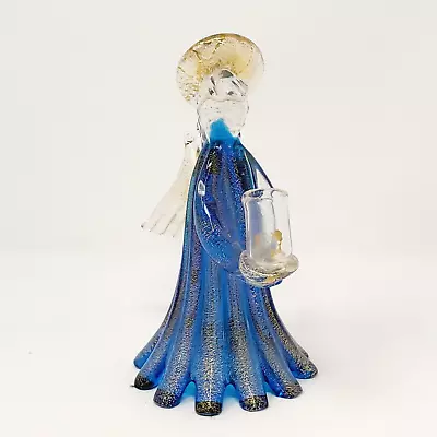 Murano Art Glass Figurine Angel Candle Holder Italy  Blue W Gold Flecks  6  Tall • $49.95