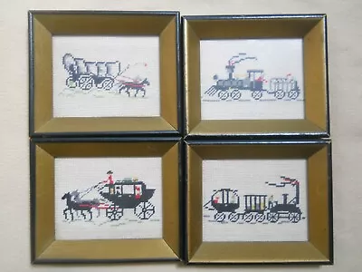 4 Vintage Hand Embroidered Counted Cross Stitch Framed Transportation Pictures • $9.99