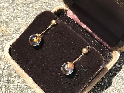 Antique Rare 18k Yellow Gold Mustard Seed Faith Crystal Glass Ball Earrings Dang • $399.99