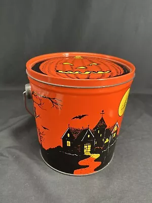 VTG Halloween Metal Tin Litho Candy Bucket Witch Ghost Skeleton Taiwan 6” High • $35