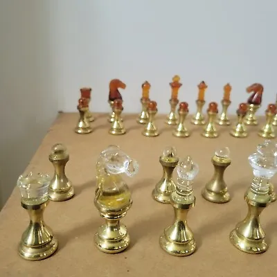 VTG Brass Metal & Amber & Clear Glass Chess Set 32 Pieces Complete Felt Bottoms • $148.88