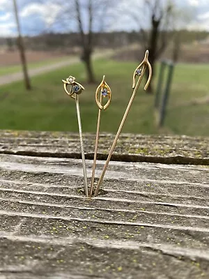 Lot Of 3 Antique Vintage Wishbone Stick Pins W/Blue Stones 1 Is 10k • $62