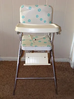 VTG Retro Comfort Lines K58 Chrome Vinyl Plastic Baby Highchair Blue Flowers • $77.99