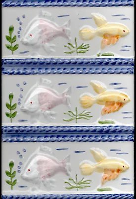 HAND PAINTED SCULPTED FISH GLAZED BORDER TILE 10x20cm Embossed Ceramic Tile • £1.99