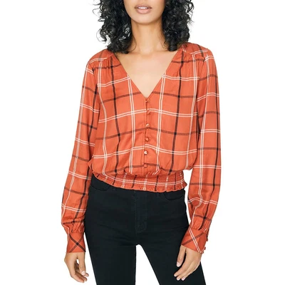 £8.40 • Buy Sanctuary Womens Fool For You Orange Check Print Peasant Top Shirt XS  5045