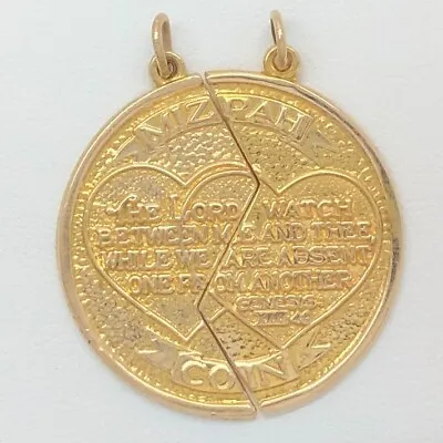 14K Solid Yellow Gold - Mizpah Coin Medallion 2 Pieces Pendant Vintage Estate • $495