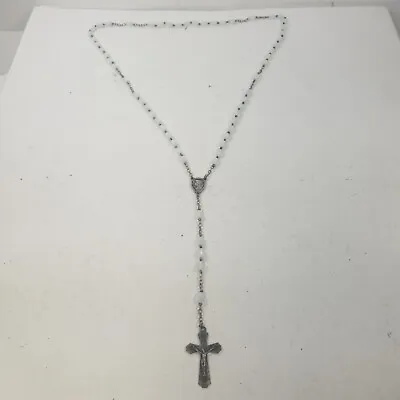 Vintage White Bead Crucifix Catholic Rosary Mary Jesus Center Medal • $19.99