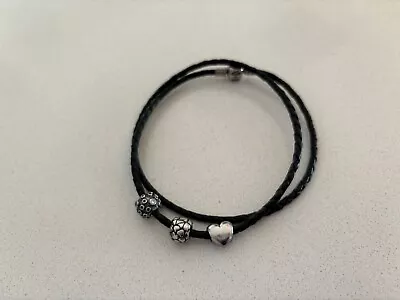 Pandora Leather Bracelet With Three Discontinued Silver Bead Charms • $99