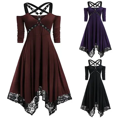Women Gothic Dress Steampunk Lace Plus Size Irregular Swing Shoulderless Strappy • $24.52