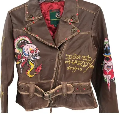 🚨🔥Vintage Ed Hardy Hardy Christian Audigier Womens Leather Jacket SM Moto • $1499.99