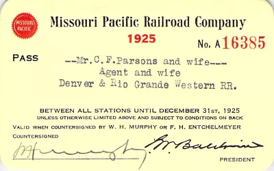 Colorado Denver Rio Grande Agn Missouri Pacific  Railroad Railway Rr Rwy Ry Pass • $10