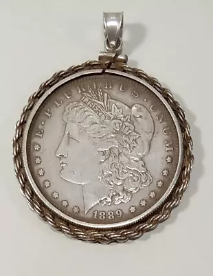 Vintage 1889 STERLING SILVER BEZEL Morgan Silver Dollar Necklace Pendant • $149.99